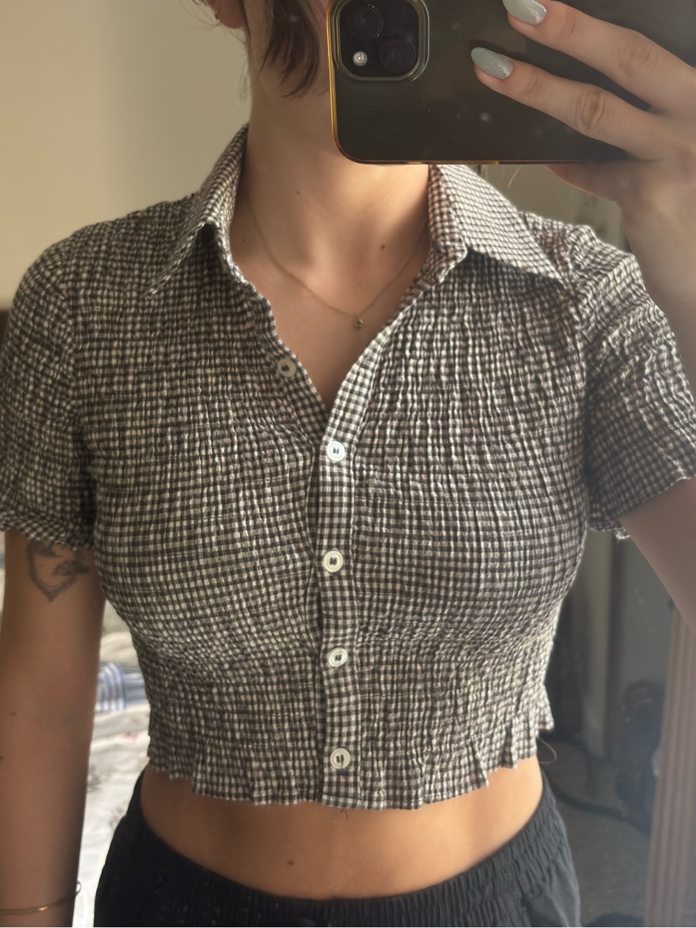 Zara Brown and White Cropped Button-Down Collar Top